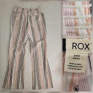 Roxy Linen Blend Pants Sz S Low Rise Straight Wide Leg Drawstring Striped Relax